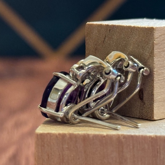 Oval Amethyst Earrings with Diamond Accents in 14k White Gold — Elegant Timeless - Picture 3 of 3